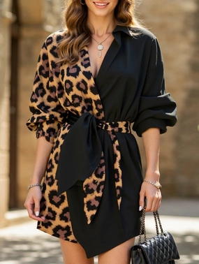 Leopard print tie-sleeve shirt dress Shine Finish Open Design