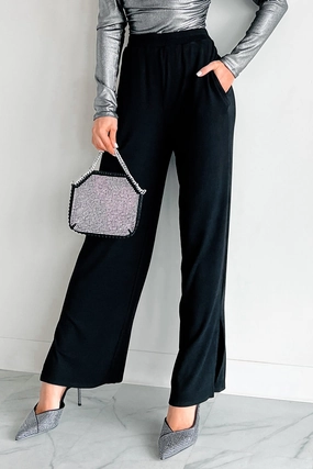 Practical Style Can't Be Bothered Ribbed Knit Wide Leg Pants (Black)