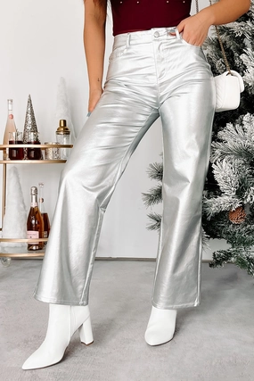 Moon Mission Metallic Faux Leather Pants (Silver) Universal Fit System Low Maintenance