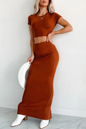 Fashion Tones Back Slit Comfort In Chaos Maxi Skirt (Rust)