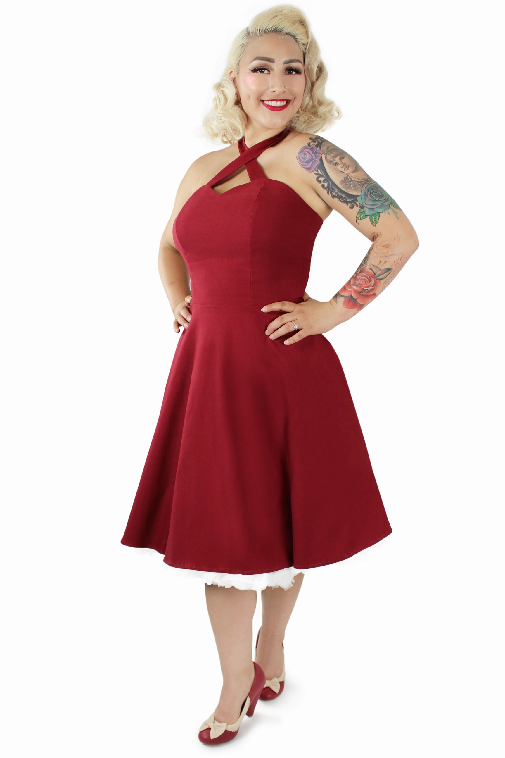 Burgundy Criss Cross Halter Dress XS-3XL #CCBD Gender Inclusive Flattering Shape Design