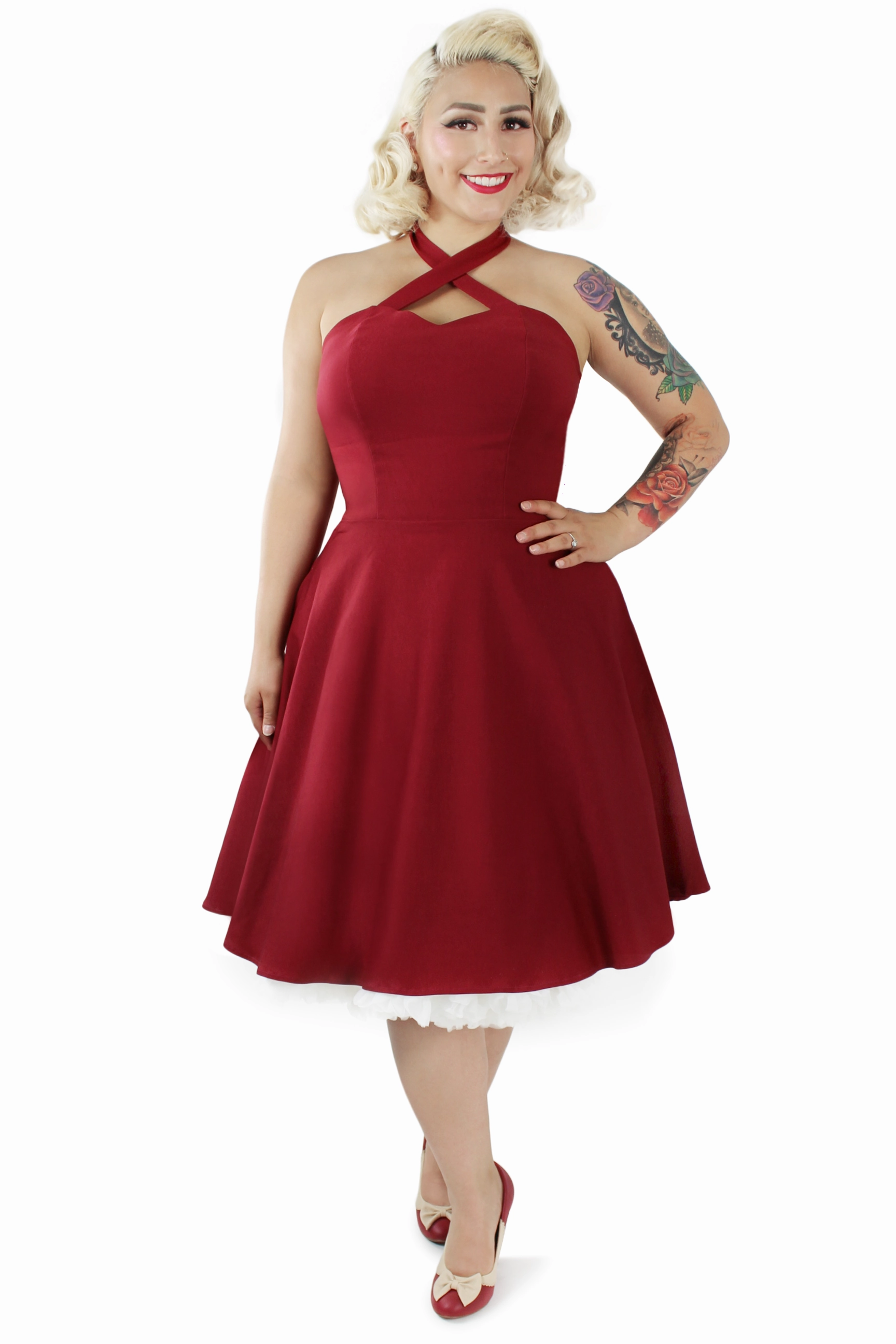 Fall Silhouette Burgundy Criss Cross Halter Dress XS-3XL #CCBD
