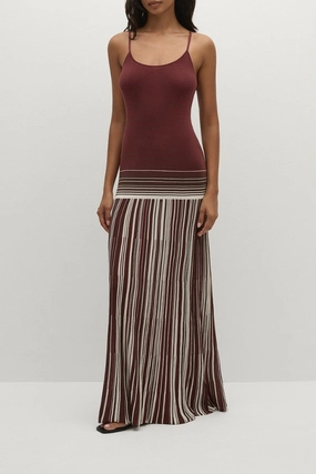 Cecile Maxi Dress Accordion Stripe Bordeaux Sleek Motion