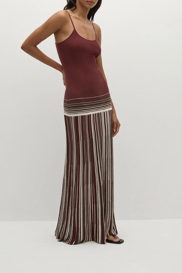 Cecile Maxi Dress Accordion Stripe Bordeaux Edge Detail