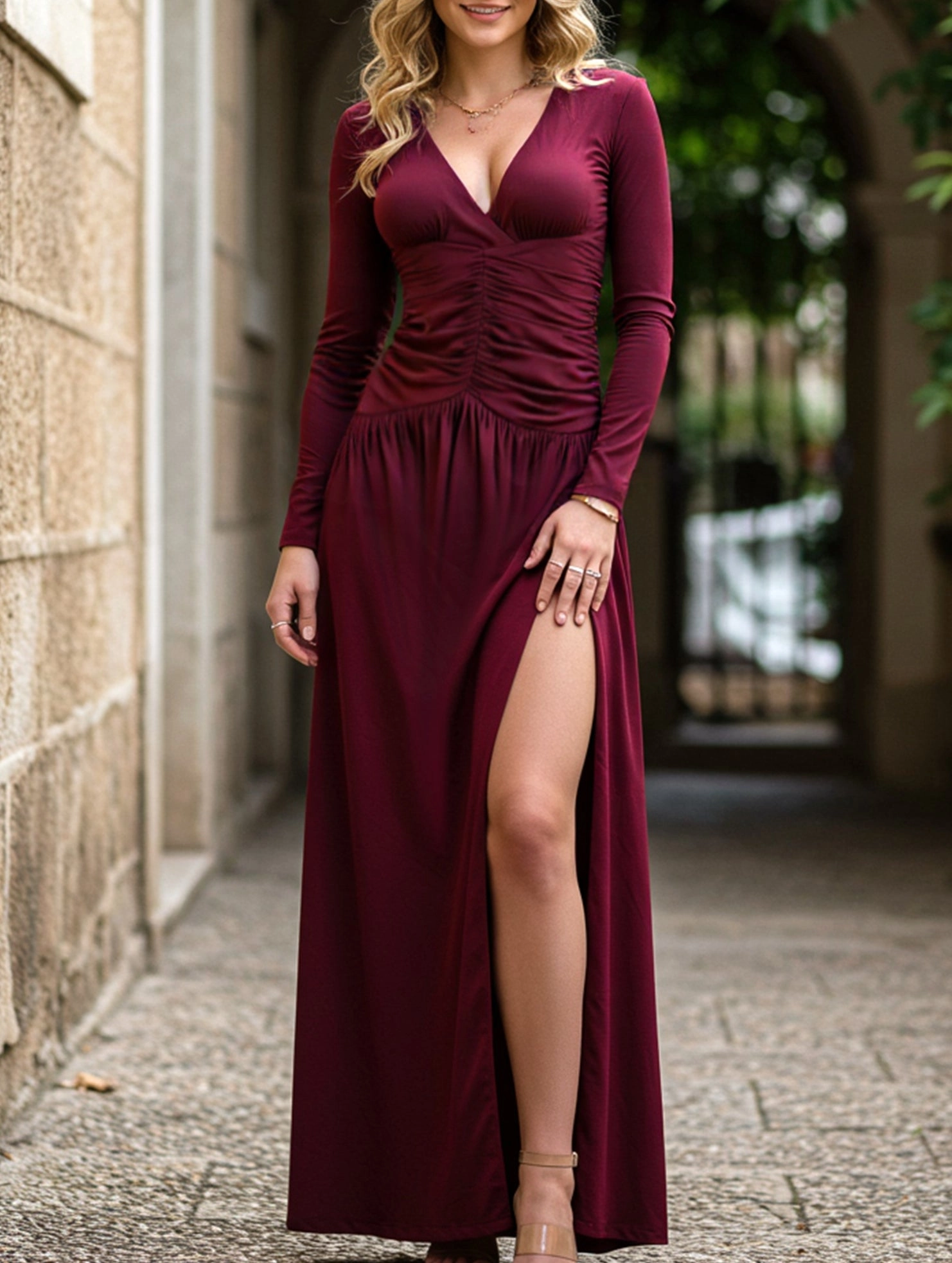 Cotton Skin Retro deep V long sleeve maxi dress