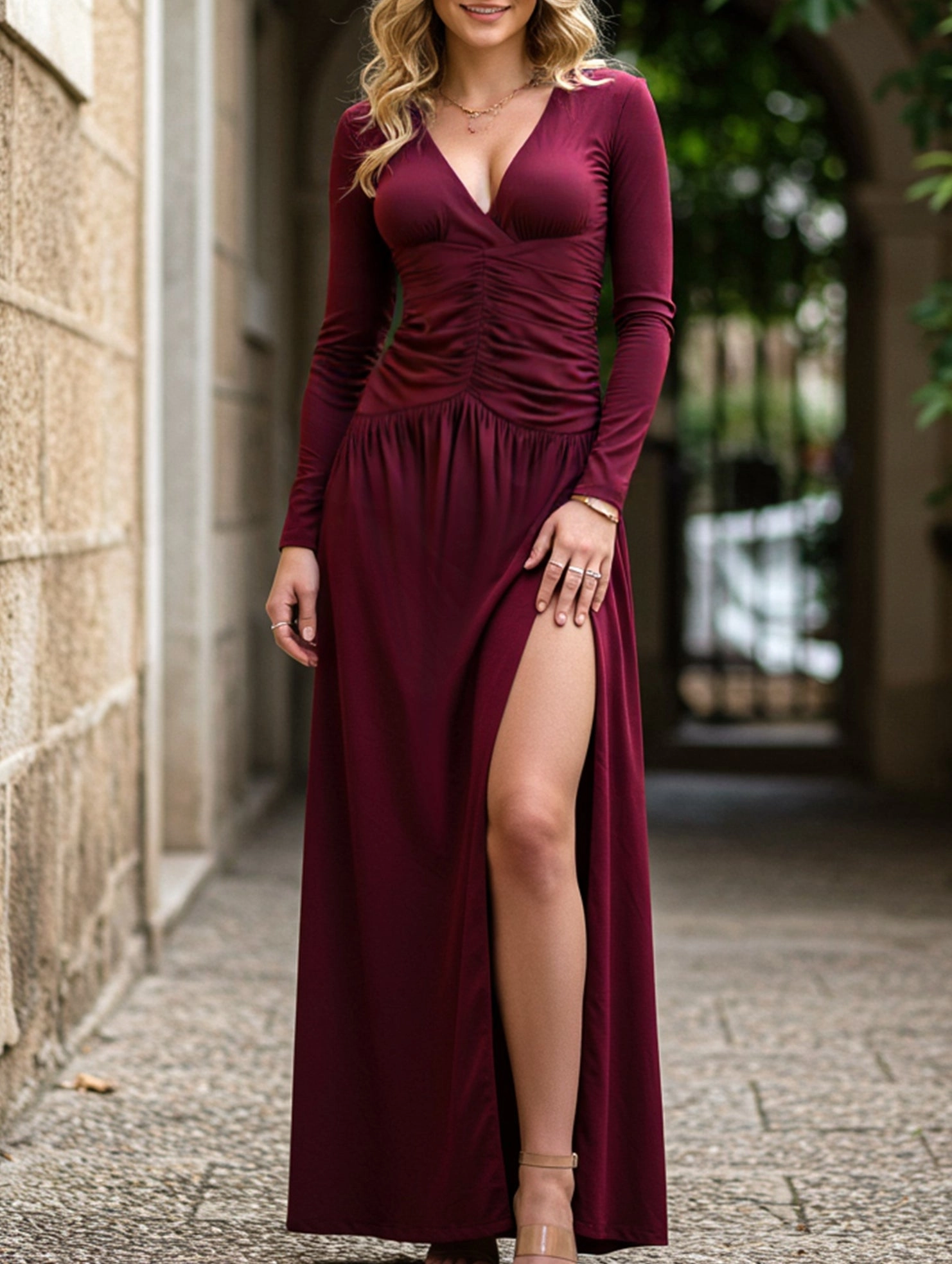 Retro deep V long sleeve maxi dress Magnetic-Closure