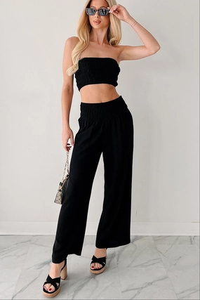 Comfy Moments Linen Tube Top & Pant Set (Black) Gym Wear All Weather Performance Fabric