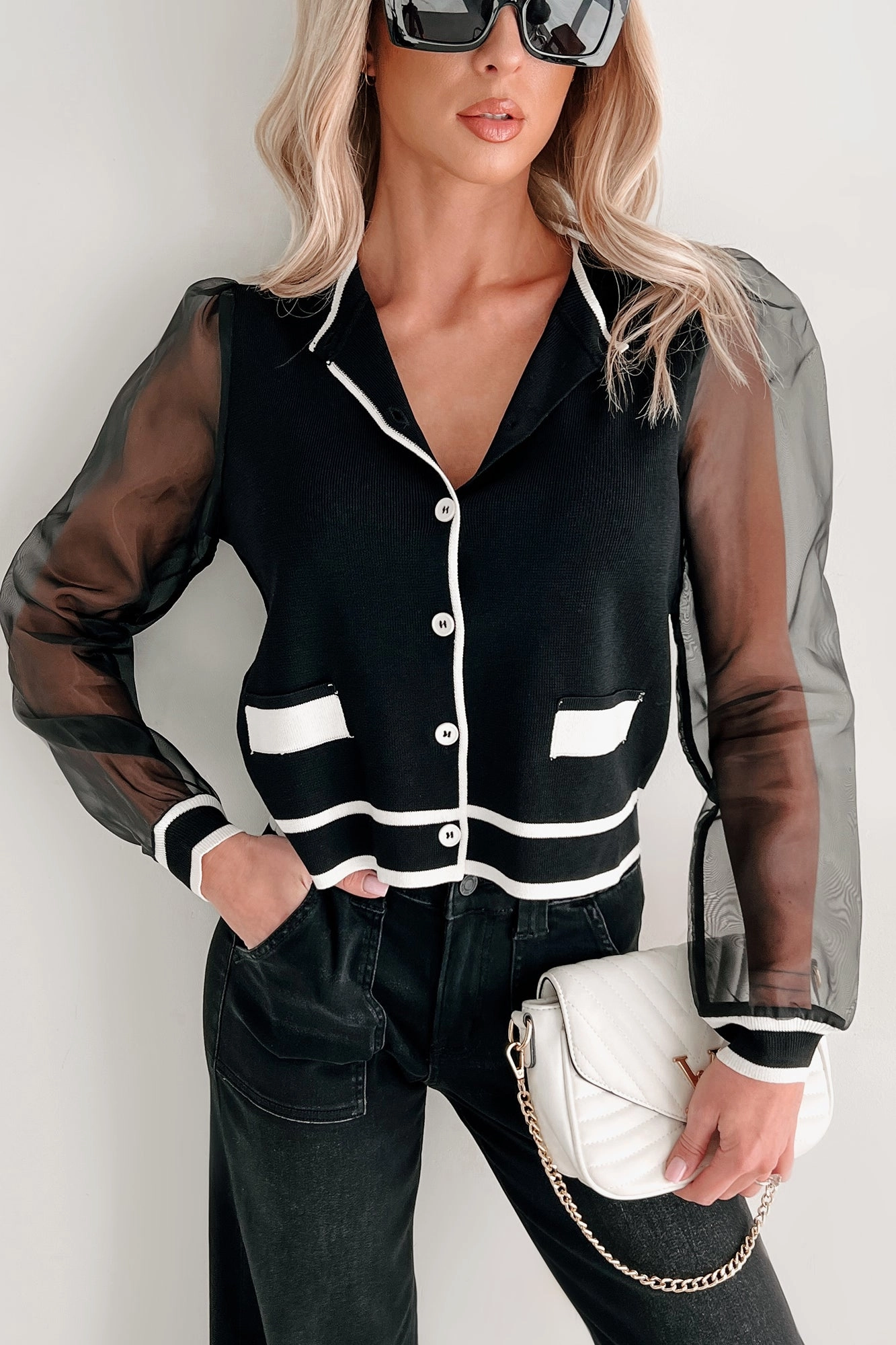 Chic Perception Organza Sleeve Cardigan (Black/Ivory) Airflow Optimized Weave Warm Layer