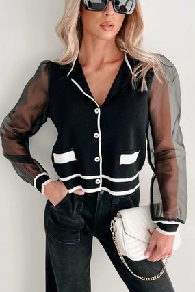 Chic Perception Organza Sleeve Cardigan (Black/Ivory) Airflow Optimized Weave Warm Layer