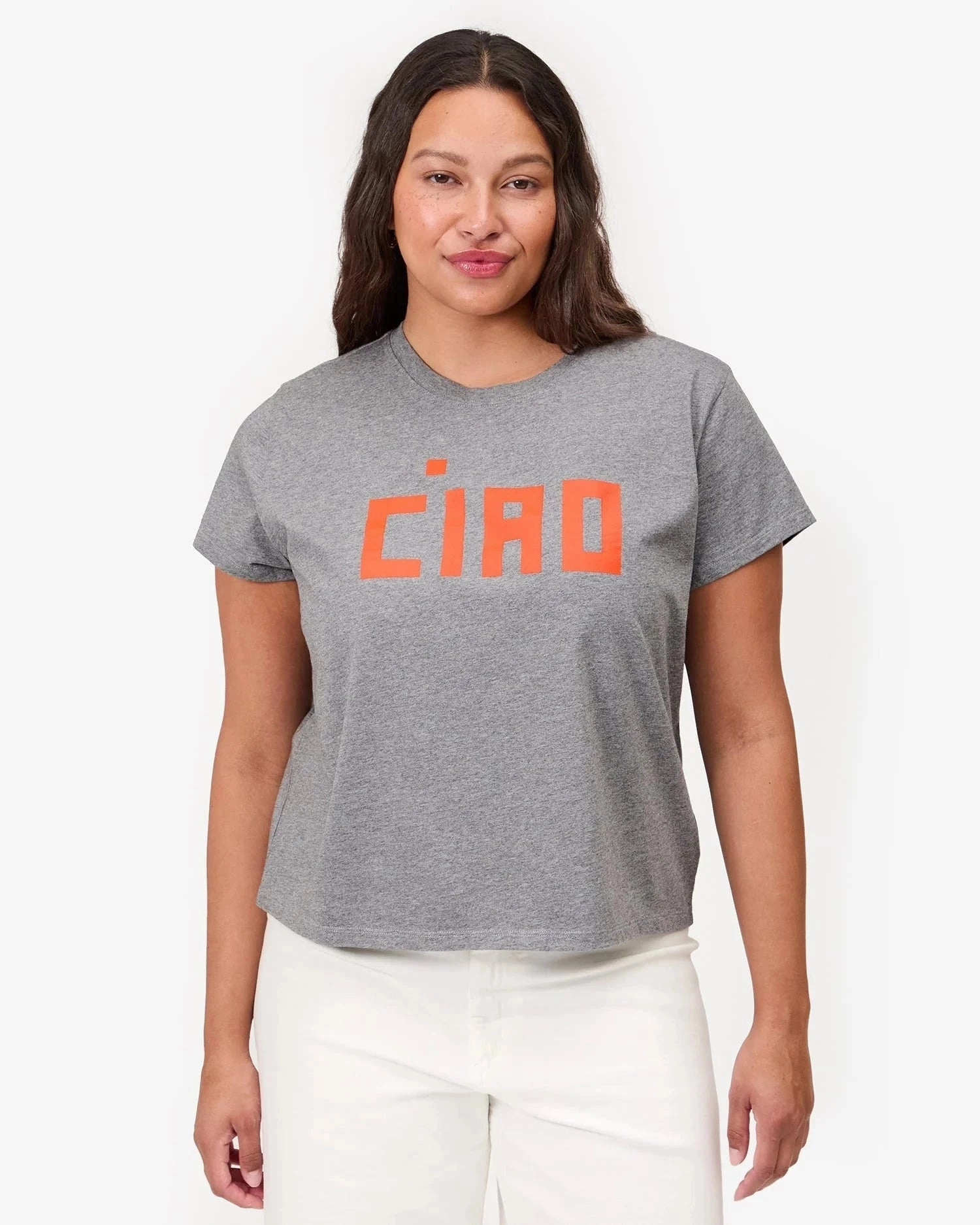 Relaxed Crew Neck Opening Classic Tee Grey Melange w/ Orange Ciao