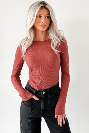 Resilient Elasticity Confident Glow Long Sleeve Ribbed Bodysuit (Mahogany)