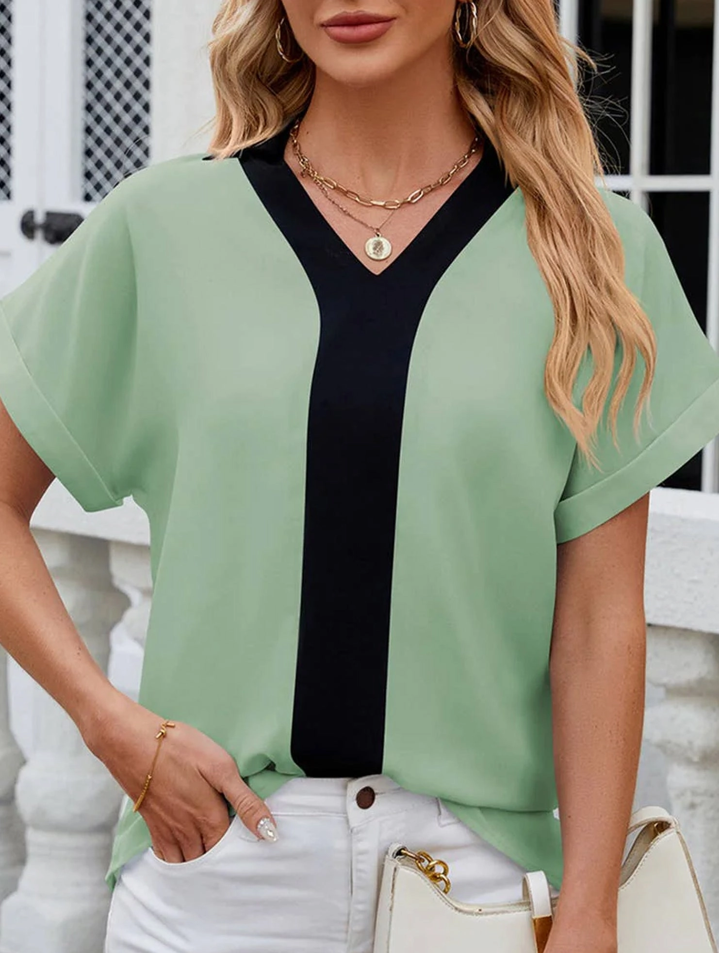 BreathableBackVents Flatlock Seam Technology CONTASTING COLOR COLLARED CHIFFON BLOUSE_CWTBLS0516