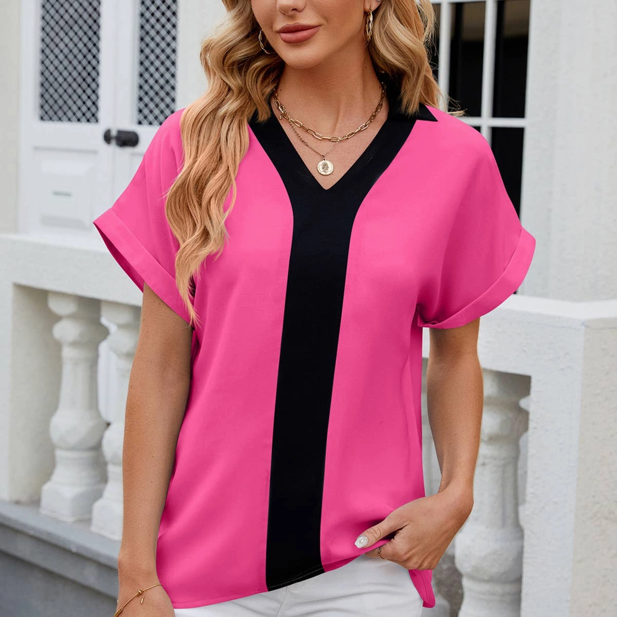CONTASTING COLOR COLLARED CHIFFON BLOUSE_CWTBLS0516 Fade Resistant Finish