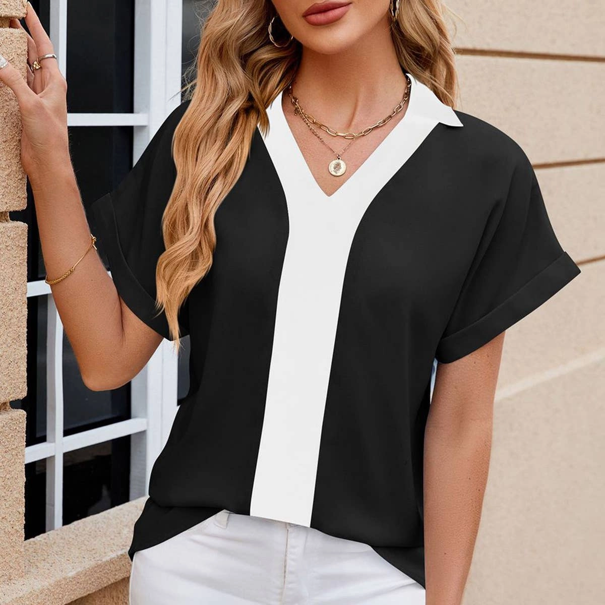CONTASTING COLOR COLLARED CHIFFON BLOUSE_CWTBLS0516 NonChafe Tag Placement simple design