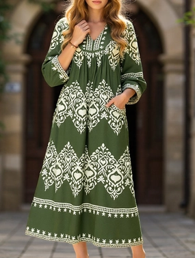 Ethnic style geometric print loose dress AntiStaticMaterial