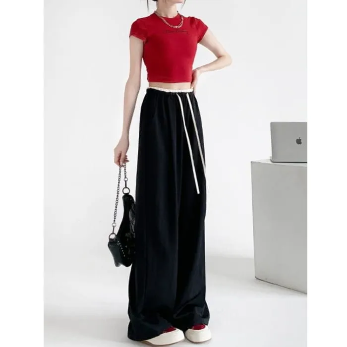 Contrast Panel Drawstring High Rise Wide Leg Sweatpants