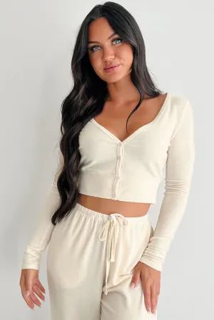 Soft Cotton Raw Edge Detail All Your Love Button Detail Long Sleeve Top (Cream)