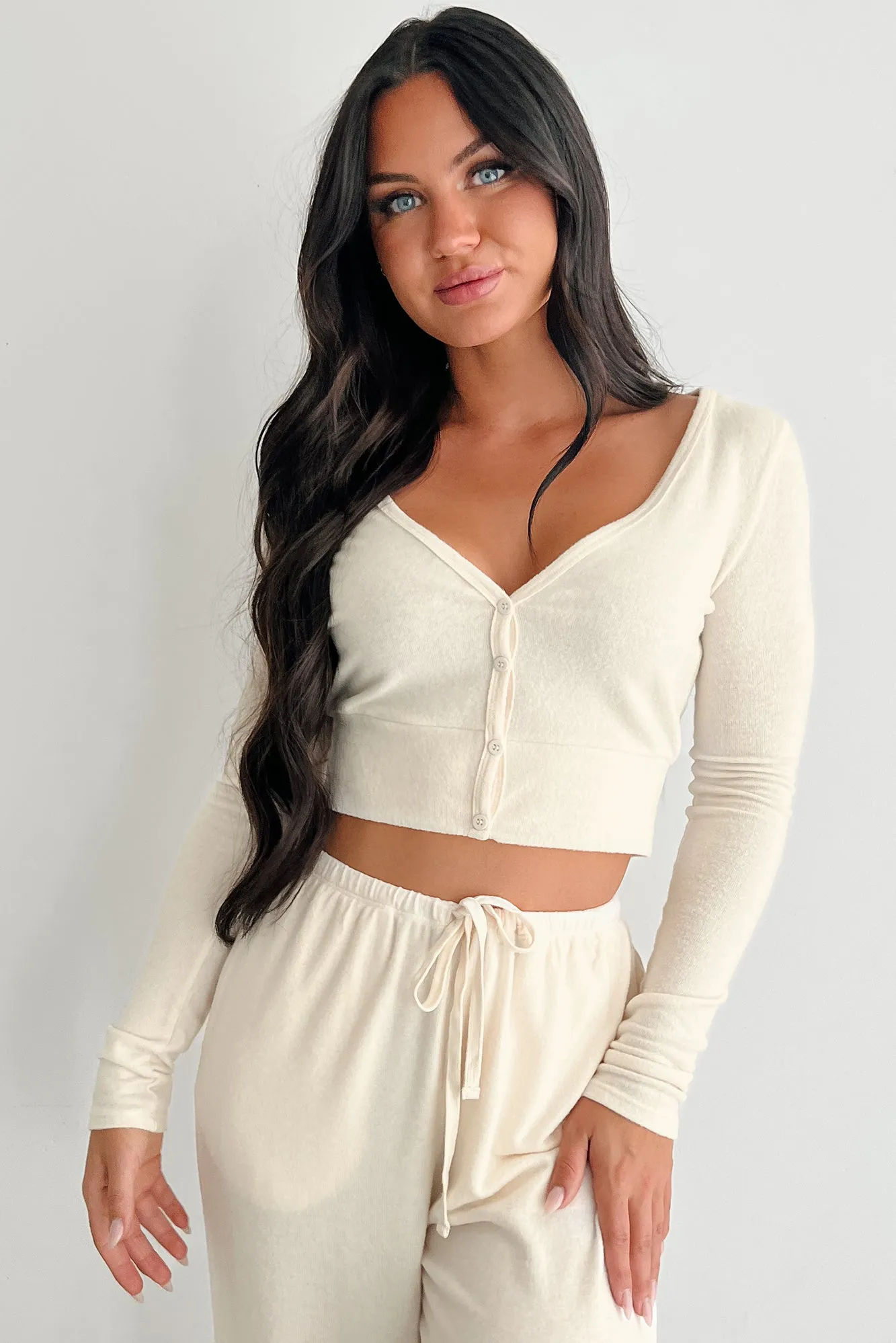 Soft Cotton Raw Edge Detail All Your Love Button Detail Long Sleeve Top (Cream)