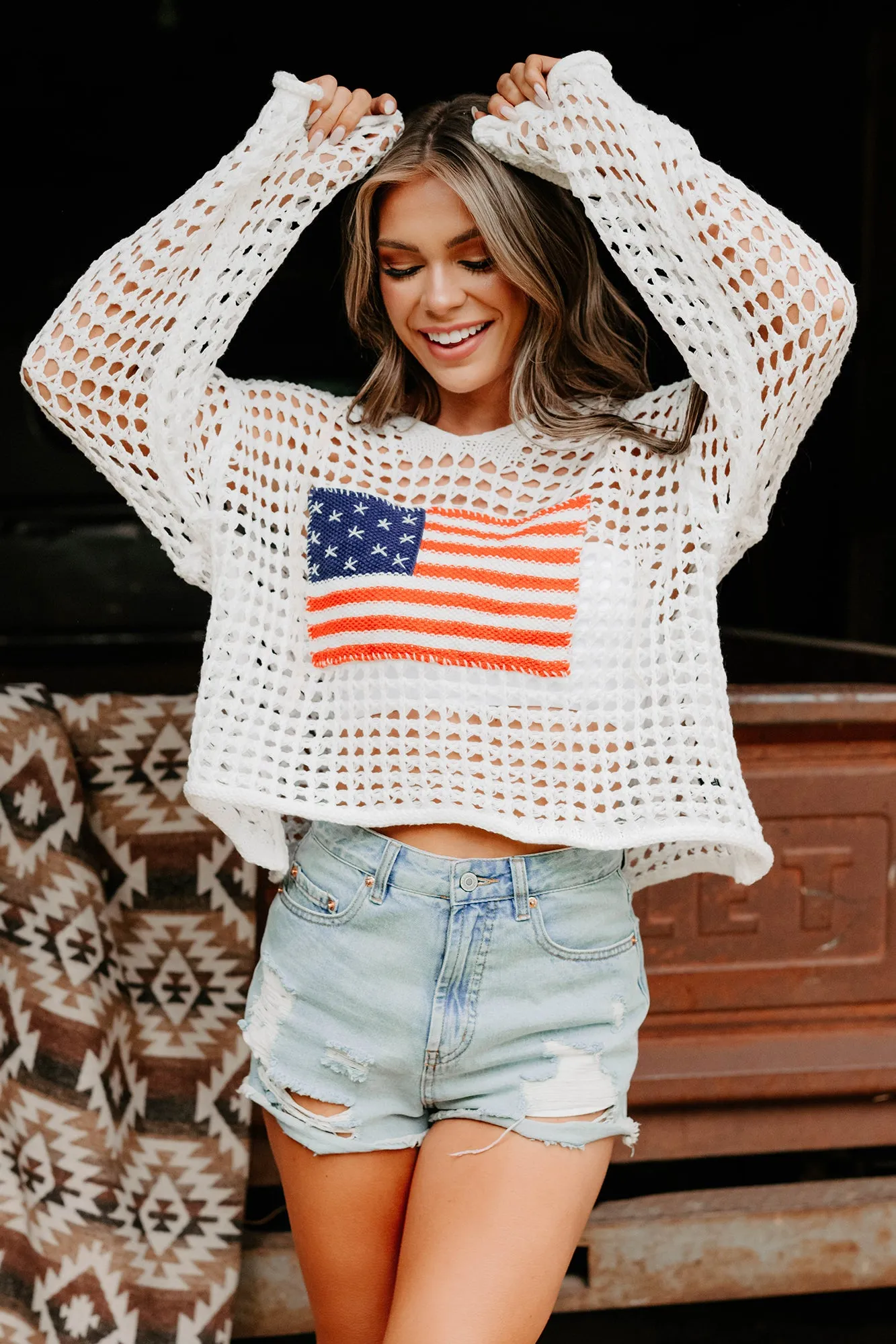 Adjustable Hem Cuff Born Free American Flag Crochet POL Hoodie (Ivory)