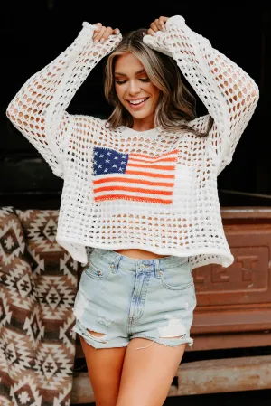 Born Free American Flag Crochet POL Hoodie (Ivory) NonToxicCoating AdaptiveFitFabric