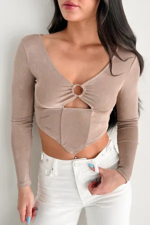 FlexibleElasticatedEdging Temperature Regulating Textile Enchanted Illusion Cut Out Long Sleeve Top (Soft Mocha)