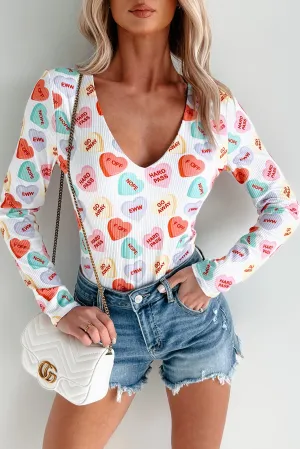 Reflective accents Comfortable Style Conversation Hearts NM Original Printed V-Neck Bodysuit (White/Multi)