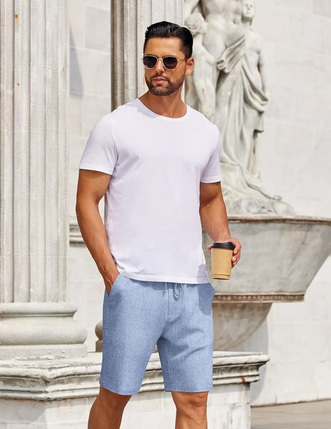 COOFANDY Mens Casual Shorts Elastic Waist Drawstring Shorts Summer Beach Linen Shorts