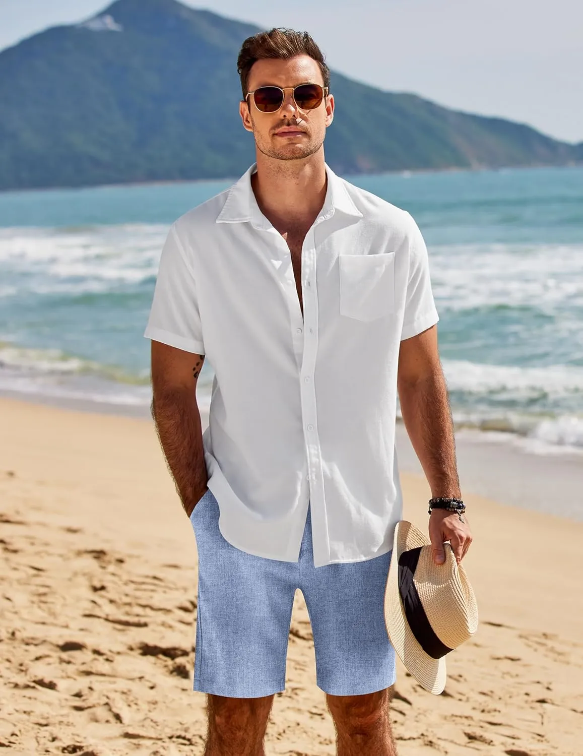 COOFANDY Mens Casual Shorts Elastic Waist Drawstring Shorts Summer Beach Linen Shorts
