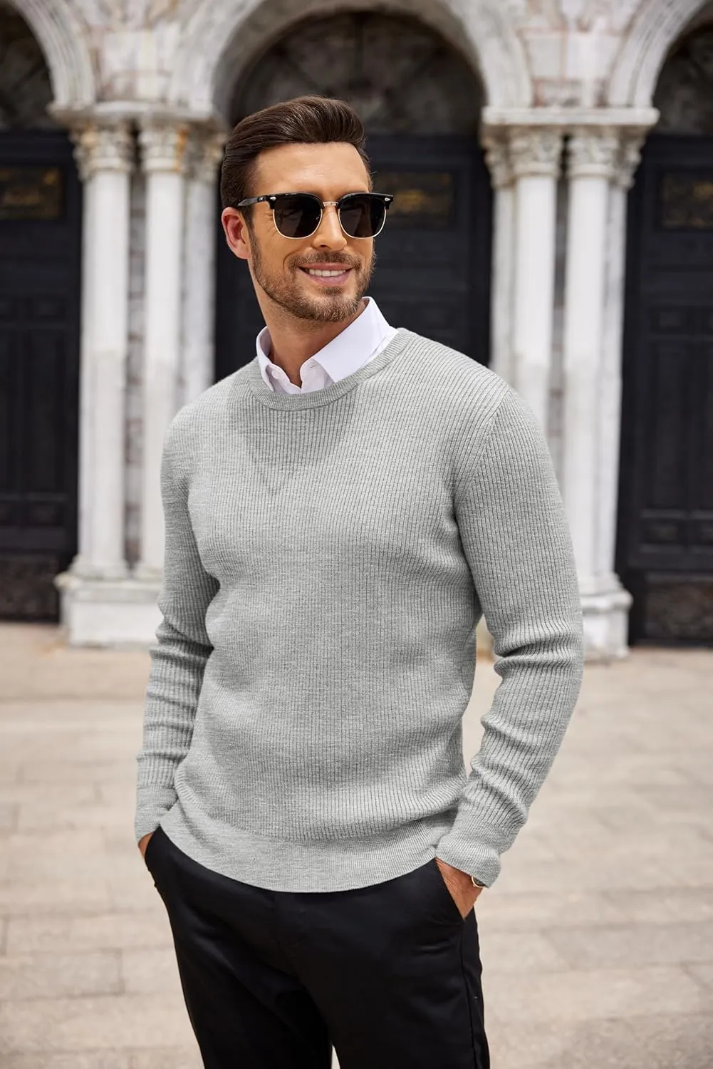 COOFANDY Men's Ribbed Crewneck Sweater Long Sleeve Slim Fit Knitted Pullover Sweater