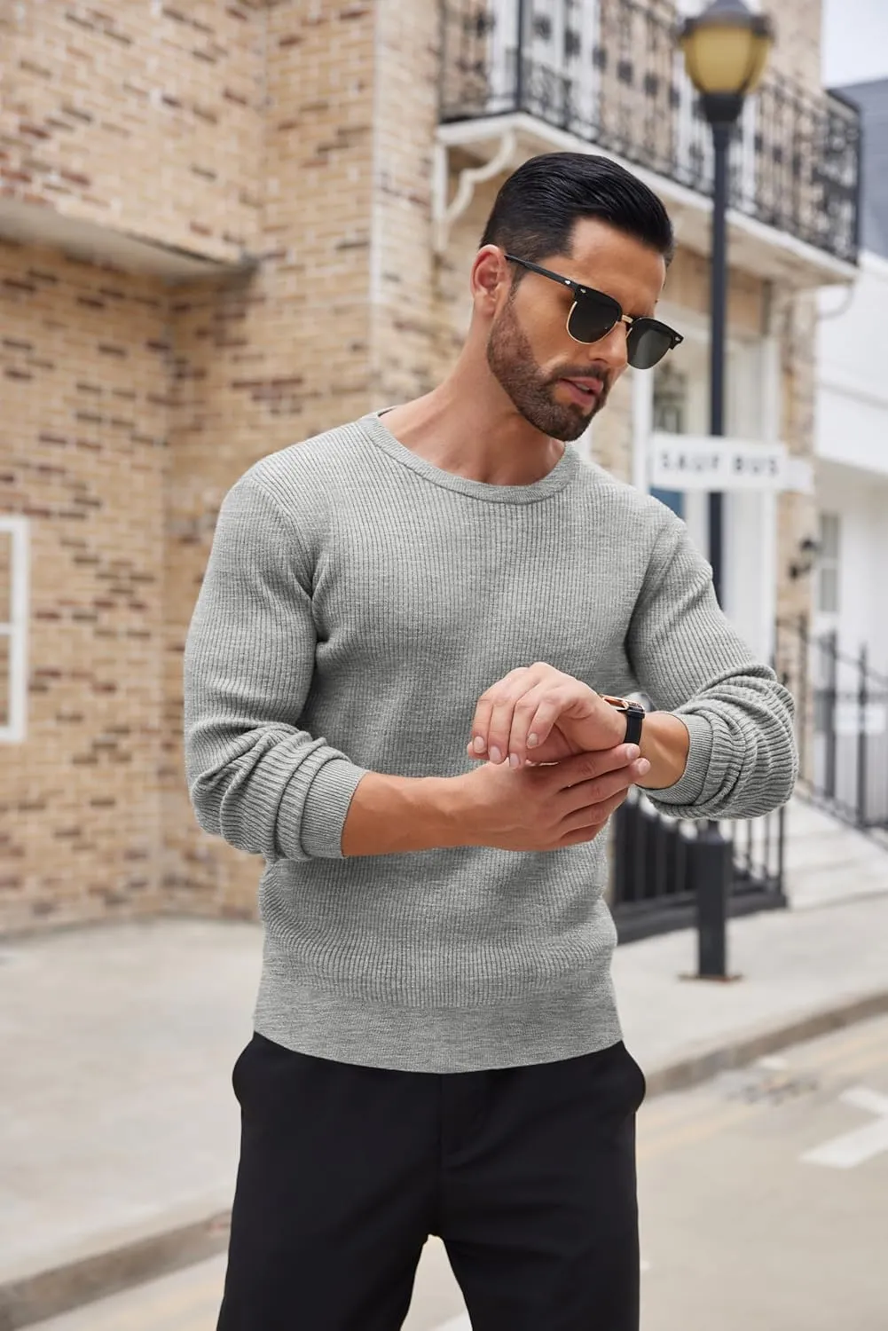 COOFANDY Men's Ribbed Crewneck Sweater Long Sleeve Slim Fit Knitted Pullover Sweater