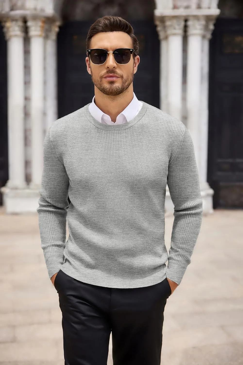 COOFANDY Men's Ribbed Crewneck Sweater Long Sleeve Slim Fit Knitted Pullover Sweater