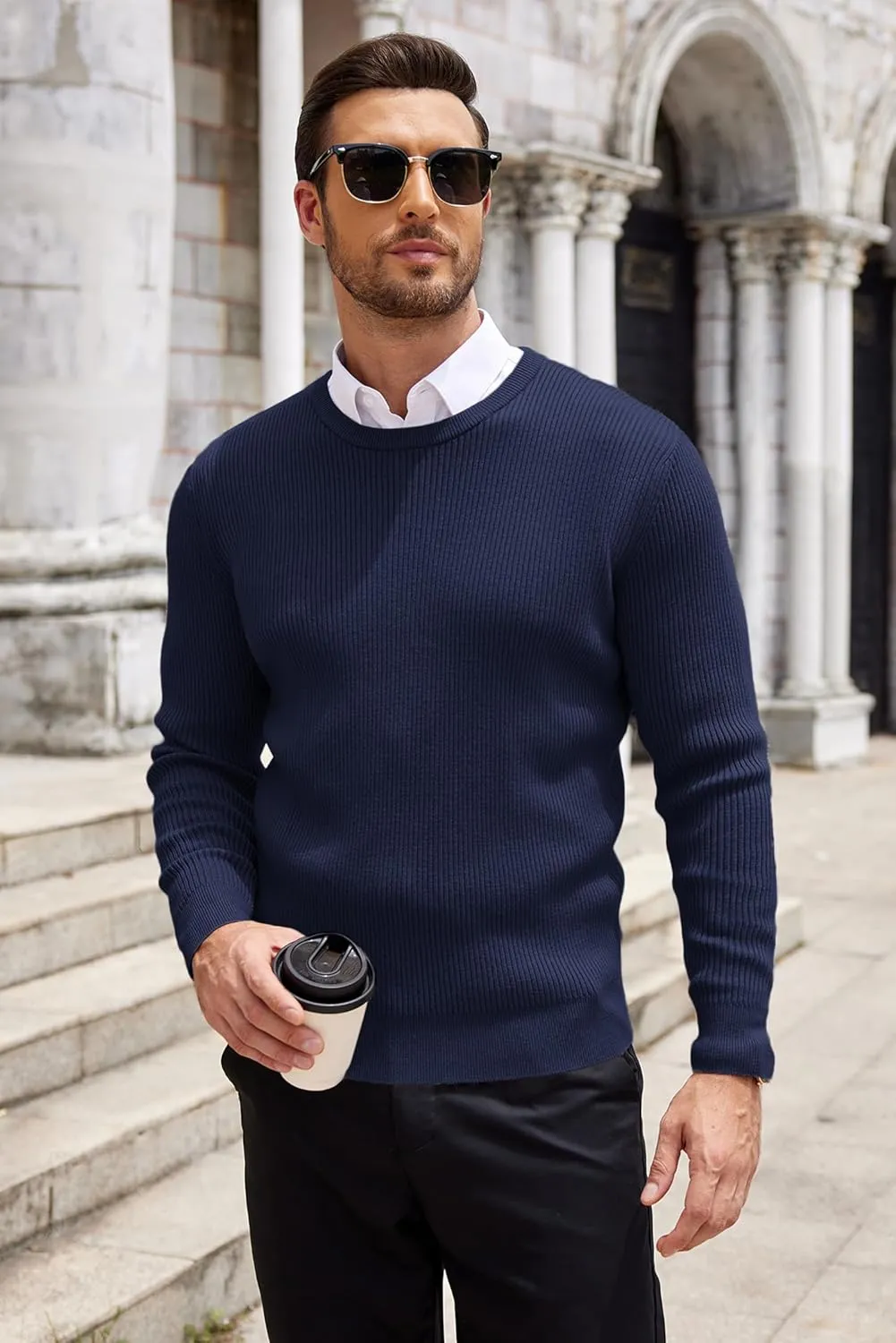 COOFANDY Men's Ribbed Crewneck Sweater Long Sleeve Slim Fit Knitted Pullover Sweater