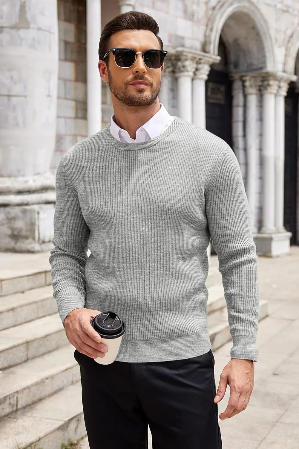 COOFANDY Men's Ribbed Crewneck Sweater Long Sleeve Slim Fit Knitted Pullover Sweater