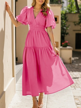 Solid Color Dark V Lantern Sleeve Dress Zip-Closure Lace Soft