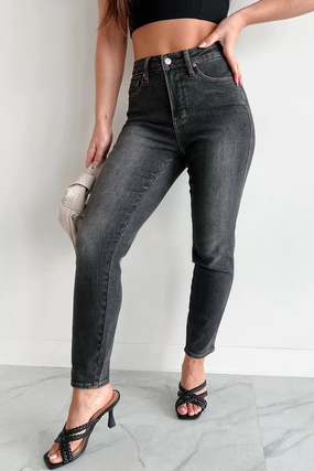 Stain Resistant Sleek Waist Benji Mid Rise Tummy Control Slim Fit Judy Blue Jeans (Black)