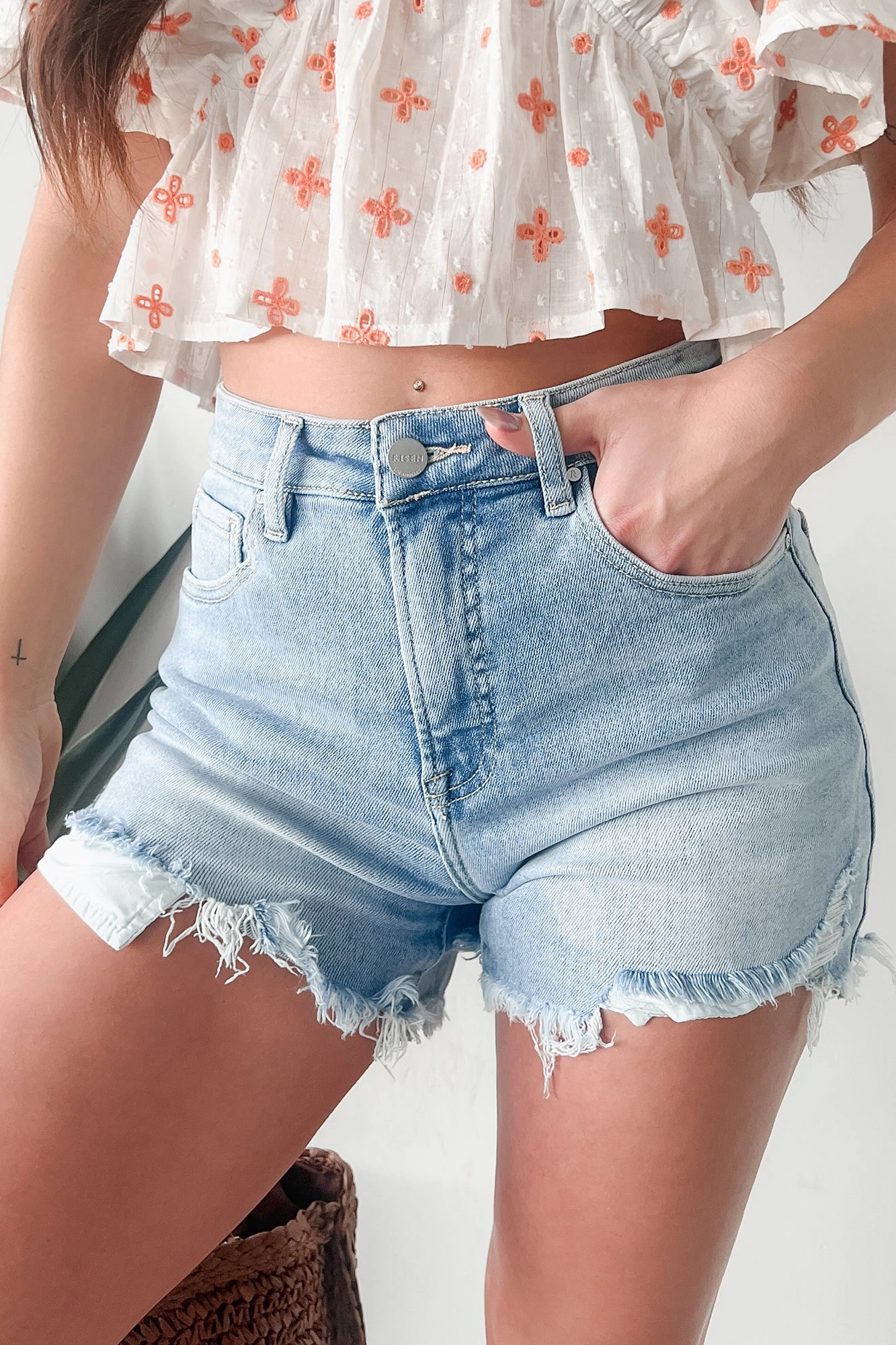 Fresh Take High Rise Distressed Risen Denim Shorts (Light) poolside fashion Reflective accents