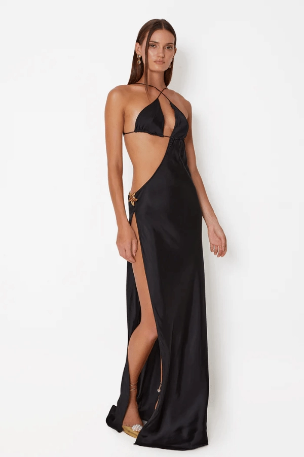 Chic Design Cotton Skin Villa Butterfly Maxi Dress Black