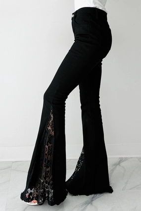 Functional Comfort Wear Relax Fit Design Coraline Saint & Hearts Lace Flare Jeans (Black)