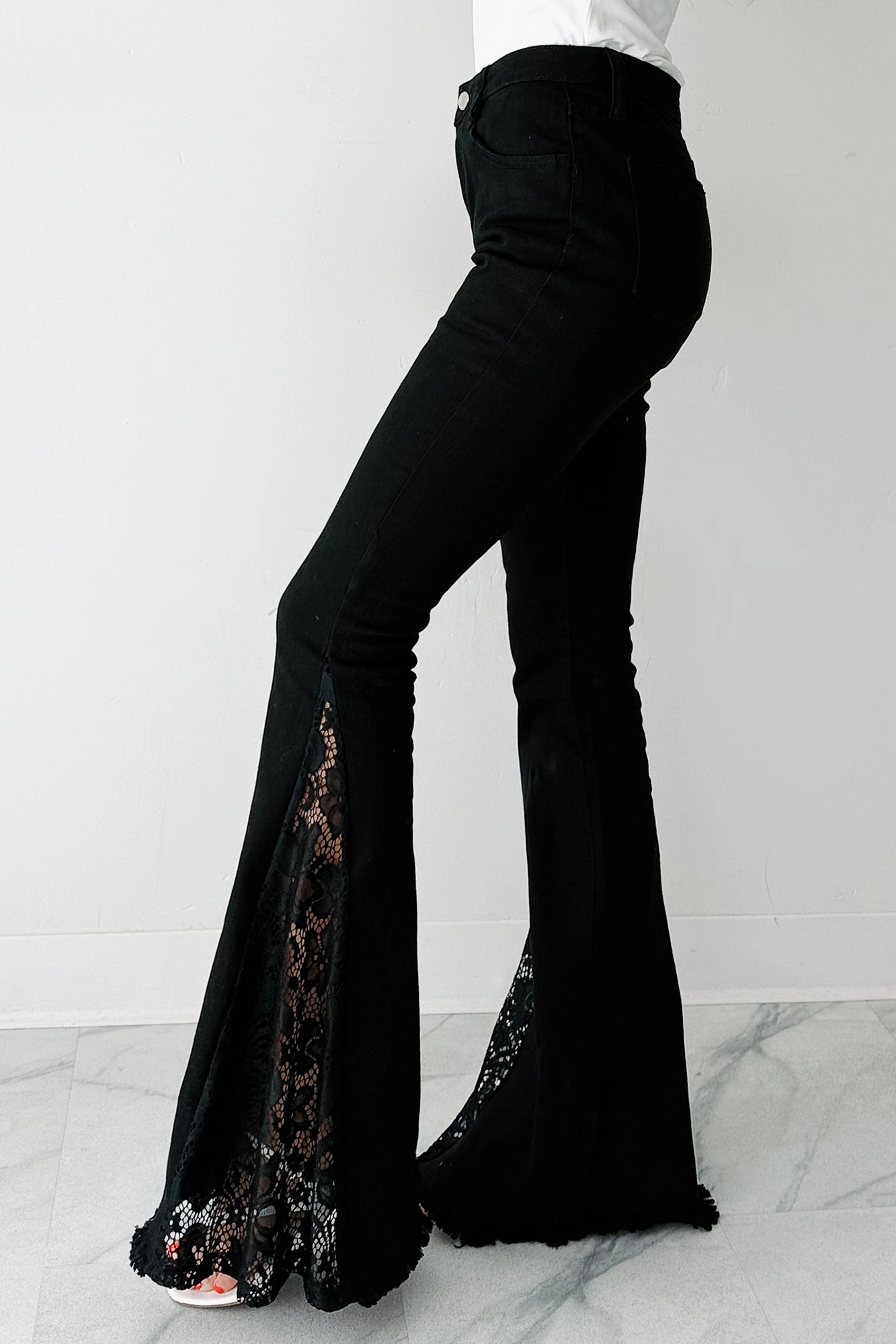 Stain Resistant Casual Edge Coraline Saint & Hearts Lace Flare Jeans (Black)