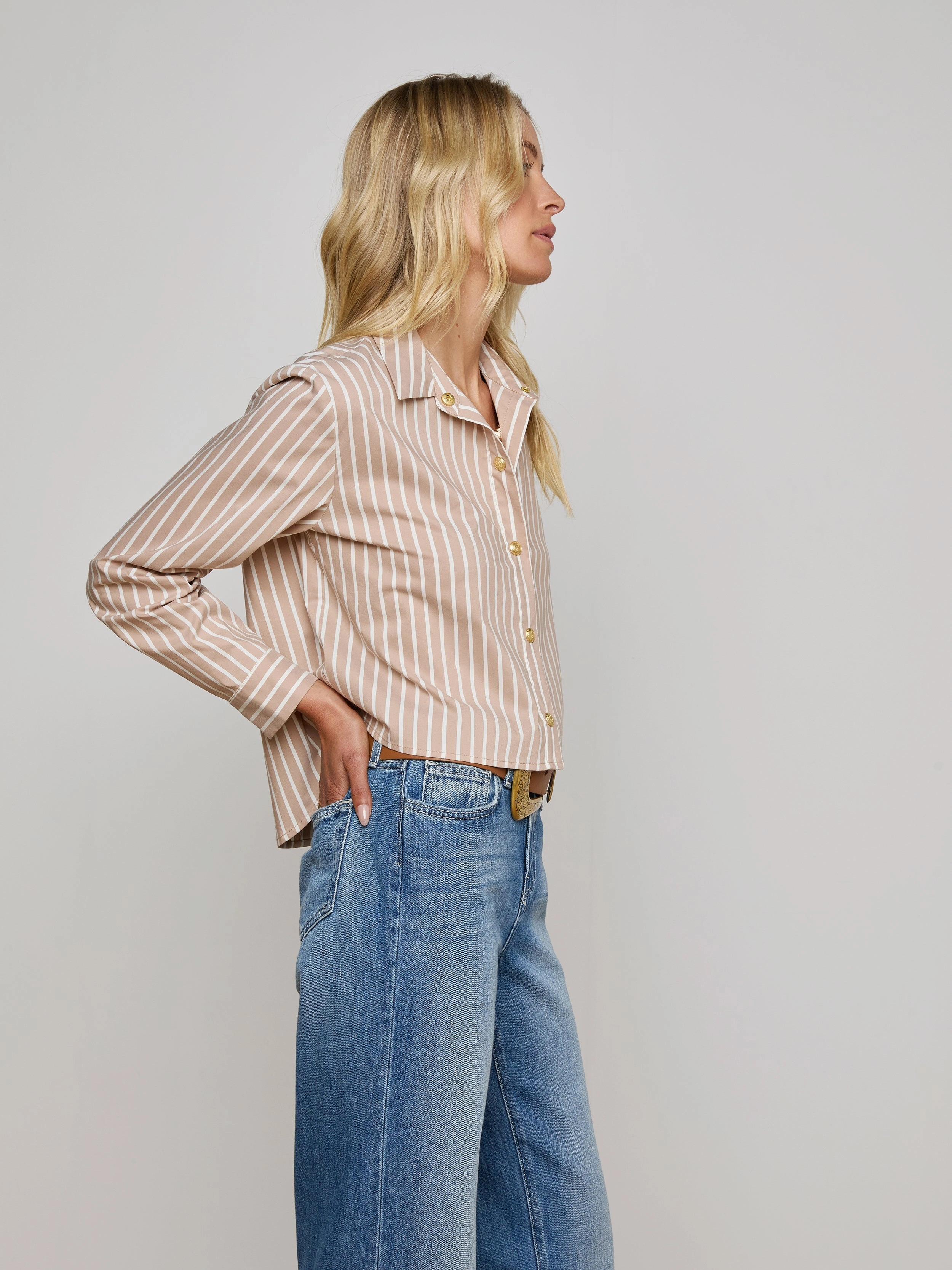 Cosette Crop Button-Down Shirt Cappuccino/Ivory Uneven Stripe Architectural Tailoring Quick Dry Feature