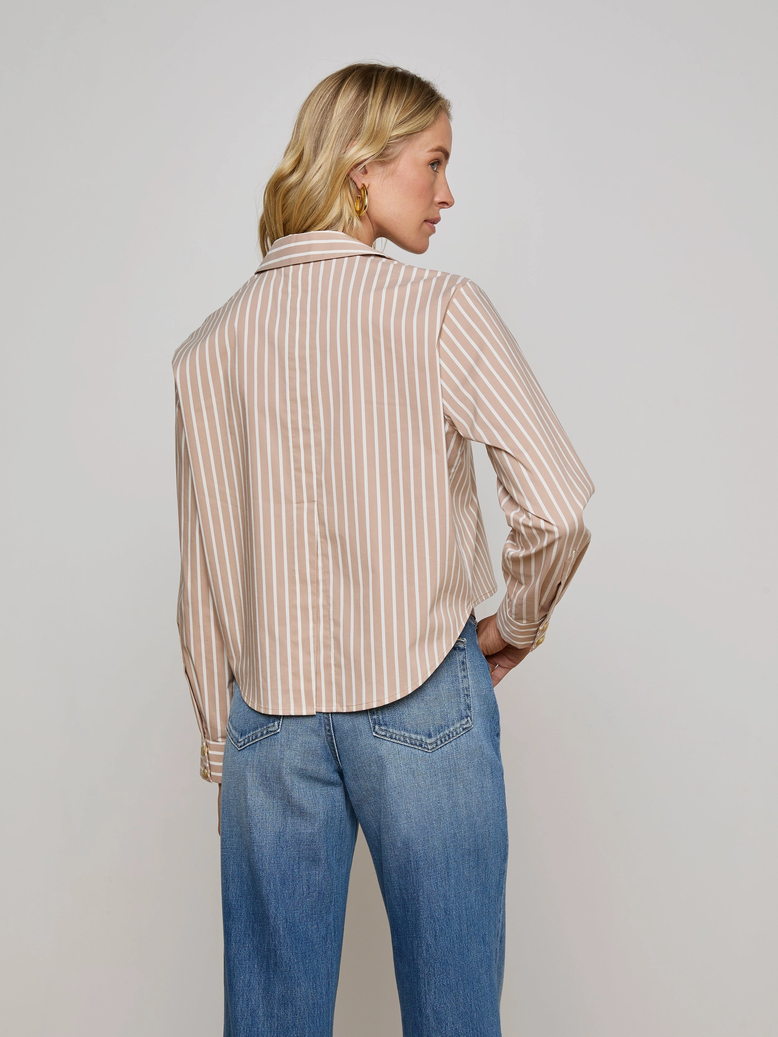 PolishedFinish Garment Washed Cosette Crop Button-Down Shirt Cappuccino/Ivory Uneven Stripe