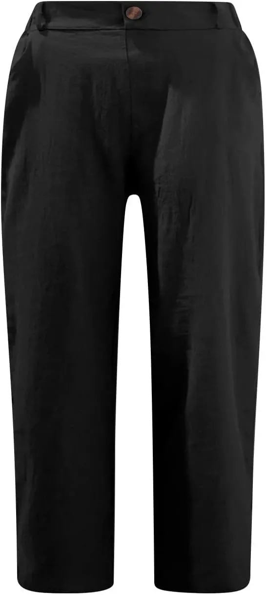 Cotton Linen Capri Pants for Women Casual Summer Straight Leg Trouser Buttons High Waist Cropped Pant with Pocket