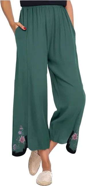 Cotton Linen Crop Pants for Women Elastic Waist Vintage Floral Embroidered Cropped Trousers Wide Leg Pants with Pockets