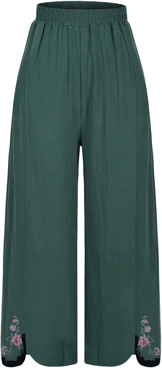 Cotton Linen Crop Pants for Women Elastic Waist Vintage Floral Embroidered Cropped Trousers Wide Leg Pants with Pockets