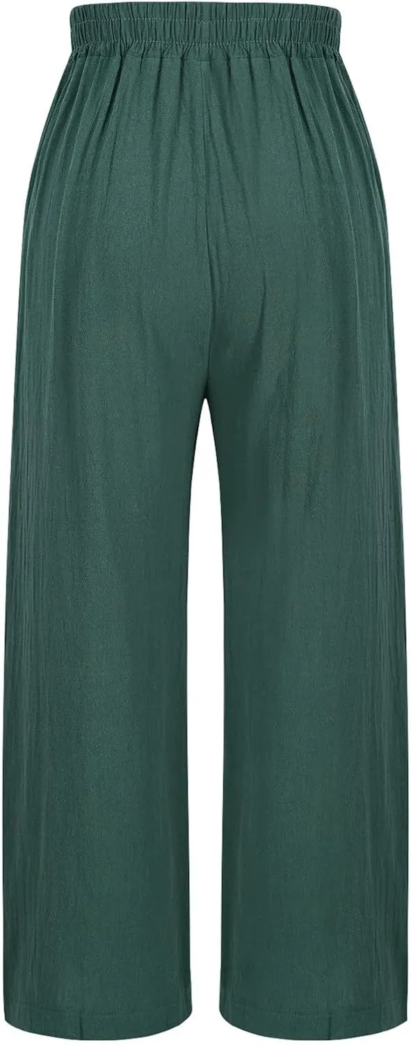 Cotton Linen Crop Pants for Women Elastic Waist Vintage Floral Embroidered Cropped Trousers Wide Leg Pants with Pockets