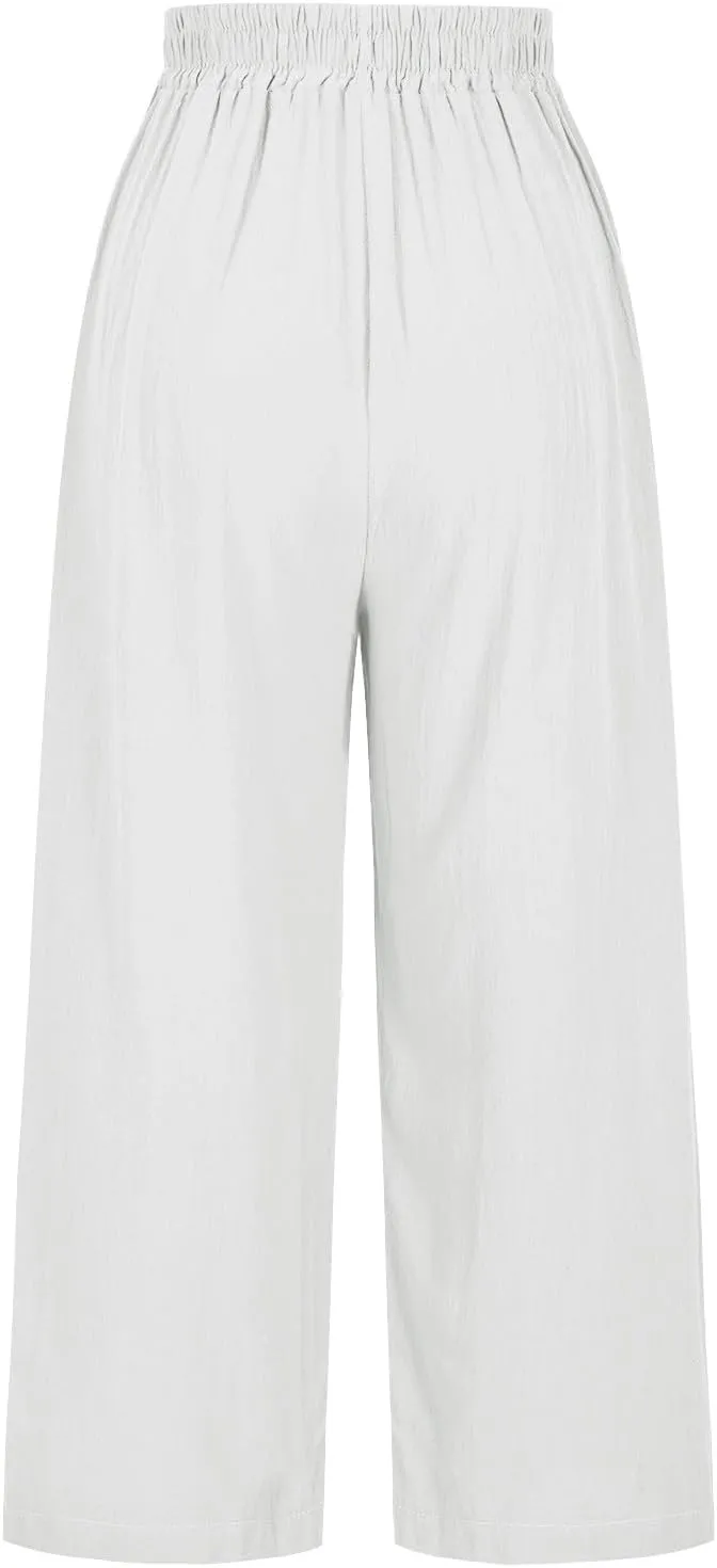 Cotton Linen Crop Pants Women Elastic Waist Vintage Floral Embroidered Cropped Trousers Wide Leg Pants with Pockets