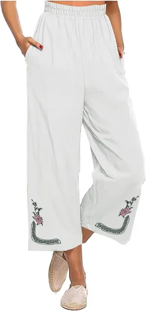 Cotton Linen Crop Pants Women Elastic Waist Vintage Floral Embroidered Cropped Trousers Wide Leg Pants with Pockets