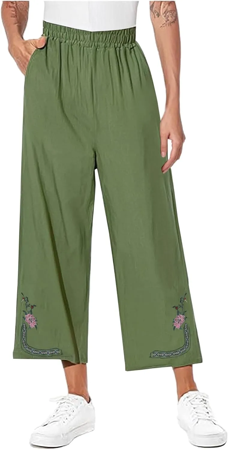 Cotton Linen Crop Pants Women Elastic Waist Vintage Floral Embroidered Cropped Trousers Wide Leg Pants with Pockets
