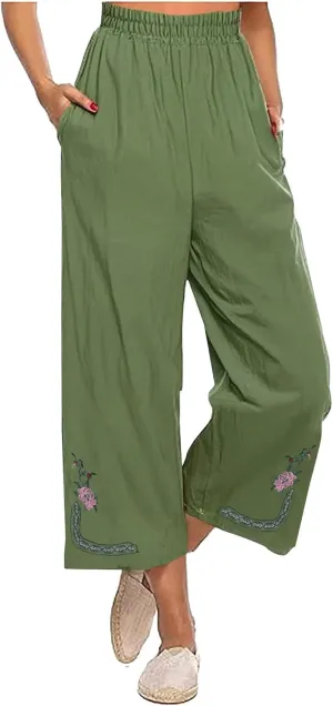 Cotton Linen Crop Pants Women Elastic Waist Vintage Floral Embroidered Cropped Trousers Wide Leg Pants with Pockets