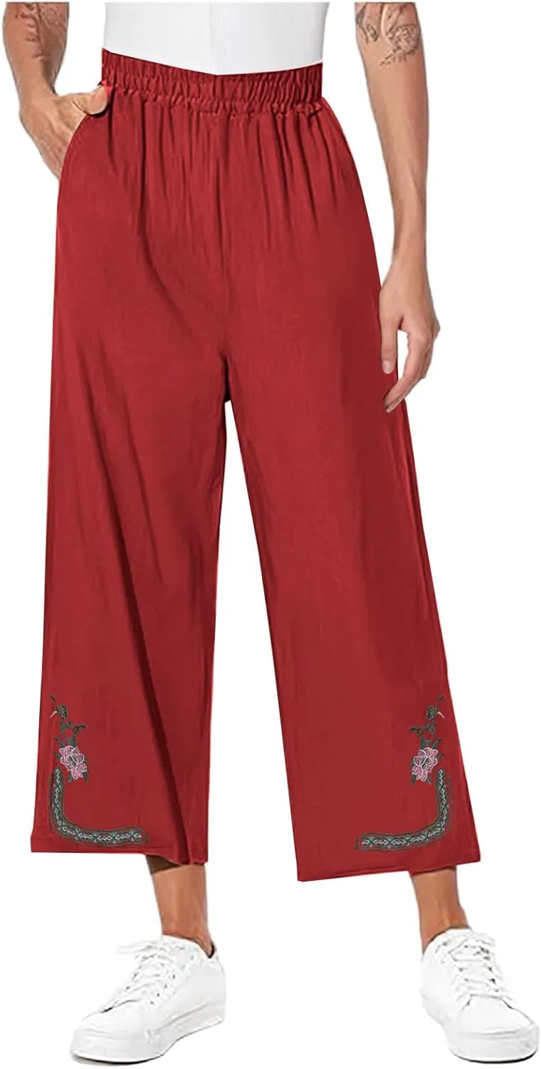 Cotton Linen Crop Pants Women Elastic Waist Vintage Floral Embroidered Cropped Trousers Wide Leg Pants with Pockets